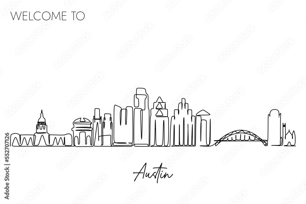 one continuous line drawing of Austin city skyline. Famous tourism destination in USA. Simple hand drawn style design for travel and tourism promotion campaign