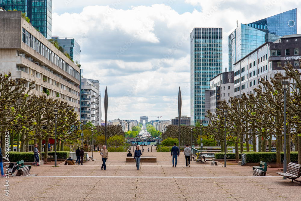 Esplanade du Charles de Gaulle in La Defense District, view East to the Arc de Triomphe, Paris