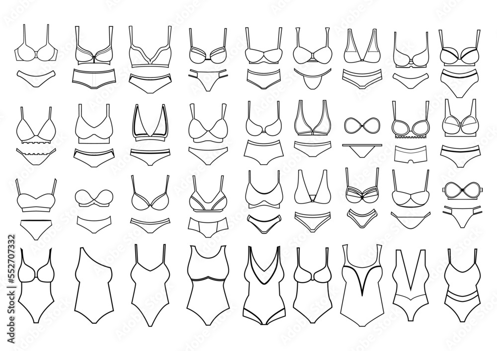 collection of women underwear outline or lingerie icon in black. 