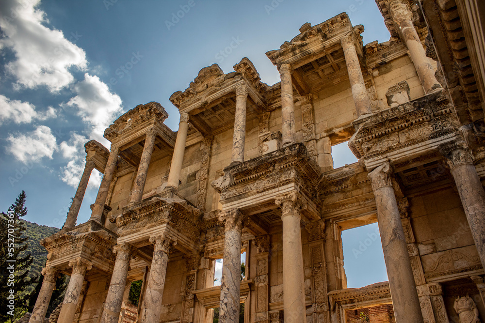 The library in the ancient city of Ephesus and its accompanying sunshine, sky.