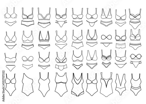 collection of women underwear outline or lingerie icon in black. 