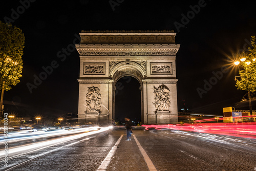 Nightly traffic on the Champs-Elysees, Arc de Triomph in the background