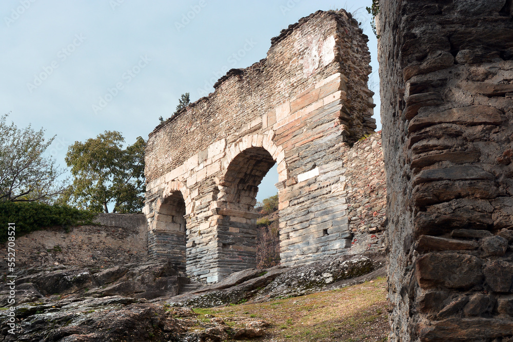 Susa, Piedmont, Italy -10-22-2022- The ancient Roman aqueduct dating back to the 4th century AD