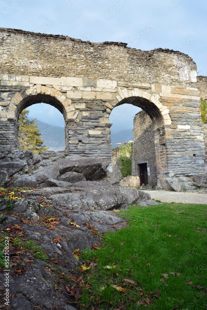 Susa, Piedmont, Italy -10-22-2022- The ancient Roman aqueduct dating back to the 4th century AD