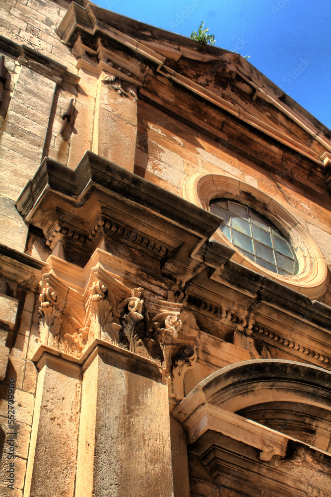 Typical facade of a baroque church, Dubrovnik in Croatia