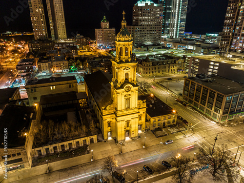 Aerial View of Downtown Milwaukee at night - Cathedral of St. John