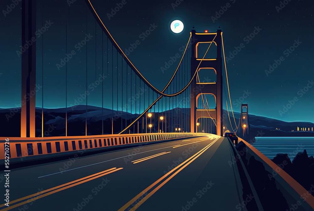Fototapeta premium Nighttime view from a high perspective of the Golden Gate Bridge against a deep blue sky. Generative AI