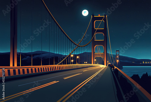 Nighttime view from a high perspective of the Golden Gate Bridge against a deep blue sky. Generative AI © 2rogan