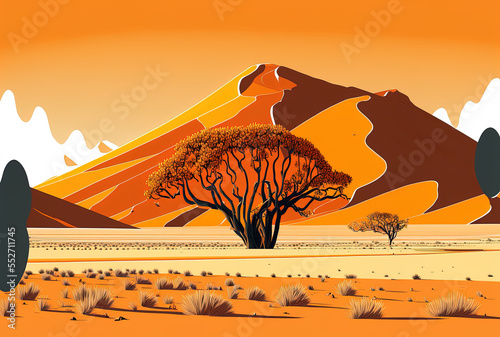 Namibia s Namib Naukluft National Park contains a stunning scene of orange sand dunes and orange sand in the namib desert near Sossusvlei. Generative AI