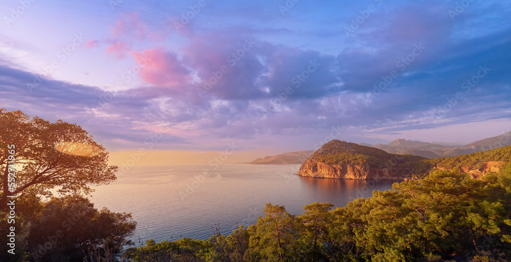 Concept beautiful nature summer landscape at sunset. Lycian Way from forest and sea in Antalya travel, Turkey