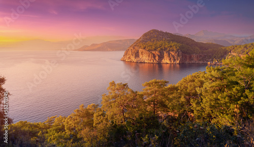 Fototapeta Naklejka Na Ścianę i Meble -  Concept beautiful nature summer landscape sea and forest at sunset with dramatic sky clouds