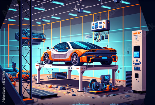 Modern automobile assembly plant technology car body repair shop for manufacturing and assembling machinery weld procedure for auto parts. Generative AI photo