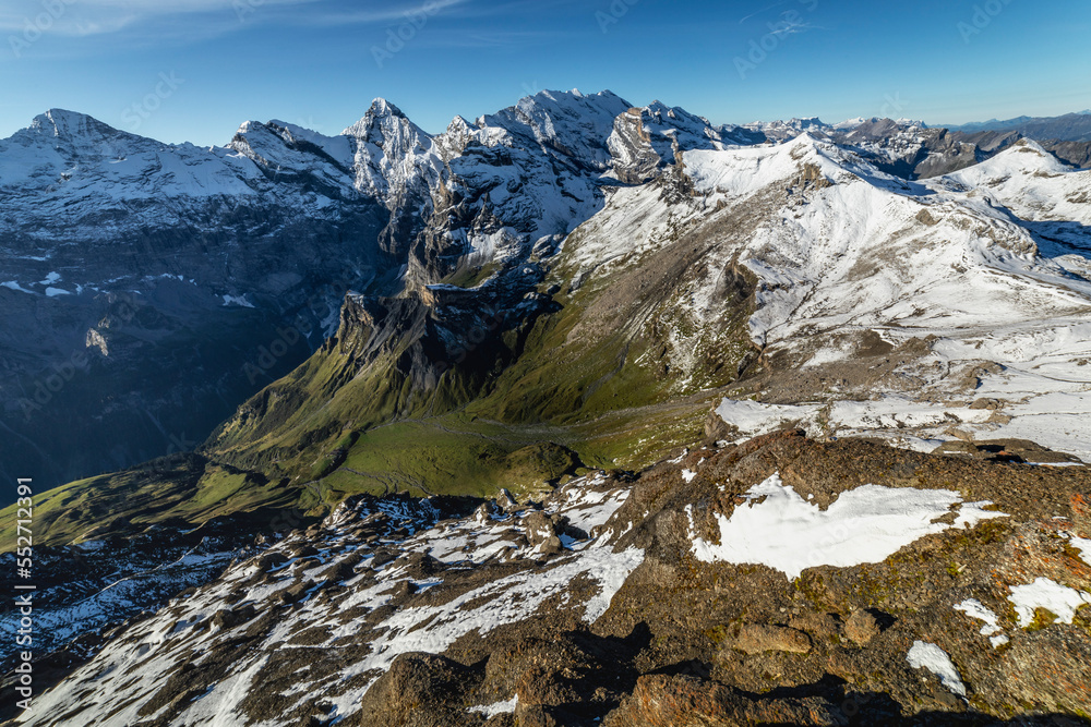 Top of the Schilthorn and view of Breithorn and Bernese Swiss alps, Switzerland