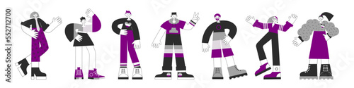 Asexual people characters clipart collection. Ace queer person with flag, symbols and purple grey colors. LGBTQA pride. International asexuality day. Awareness and visibility week.