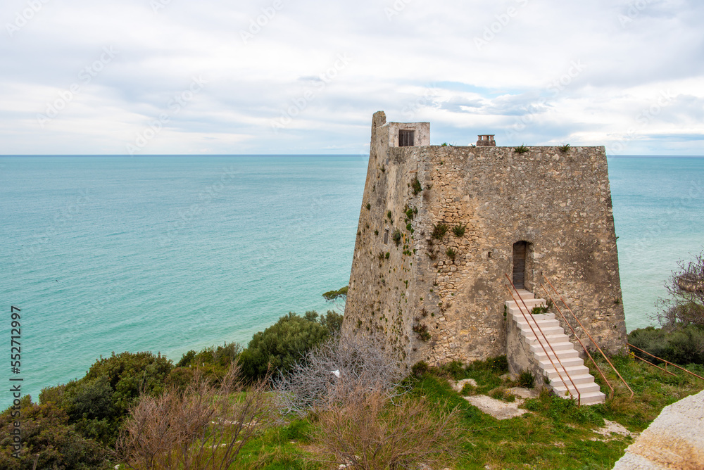 Historic Torre di Monte Pucci, a Saracen signal tower at the coast of Gargano, Italy