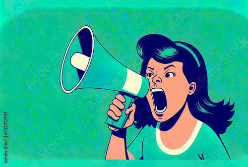 Megaphone in hand on a green, mint, or Tiffany blue backdrop with a blue blouse on. Generative AI