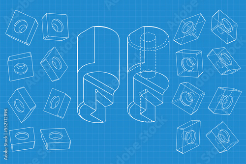 Mechanical engineering drawings on blue background. Cutter, assembly tool with replaceable multi-faceted plate. Technical Design. Cover. Blueprint. Vector illustration.