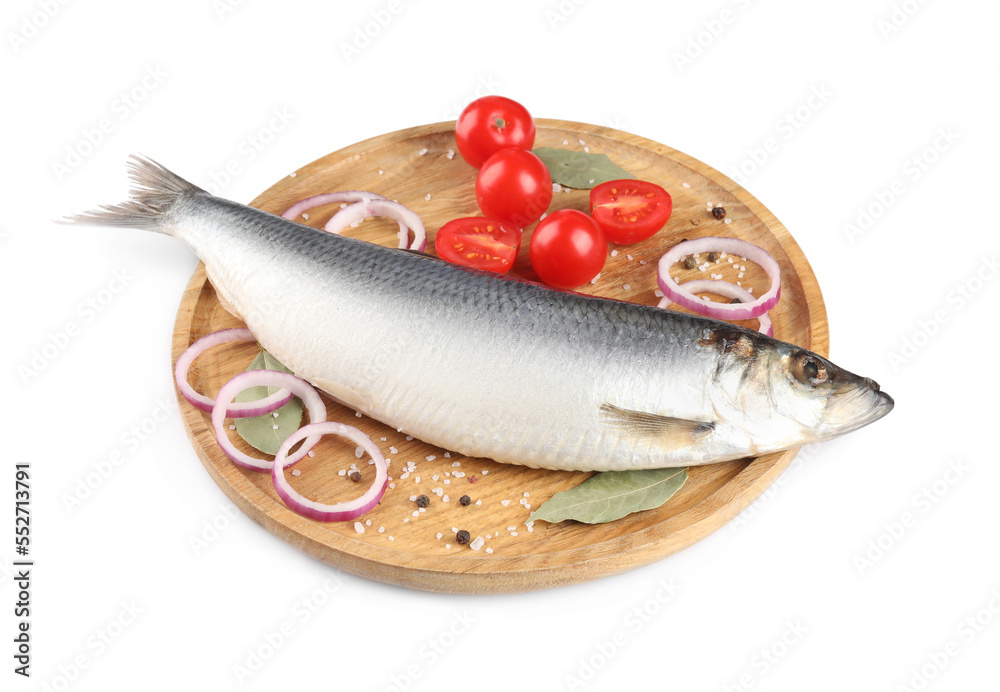 Wooden tray with salted herring, cherry tomatoes, bay leaves, onion rings and peppercorns isolated on white Wooden tray with salted herring, cherry tomatoes, bay leaves, onion rings and peppercorns isolated on white