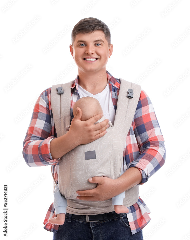 Father holding his child in baby carrier on white background Father holding his child in baby carrier on white background