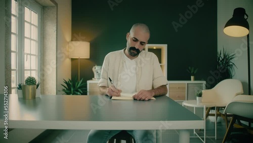 Inspired creative author, screenwriter, or freelancer finishes their work writing in a notebook using a pen while sitting at the workplace in an office with a window and warm lights in the background.