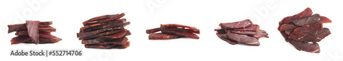 Set with delicious beef jerky on white background. Banner design