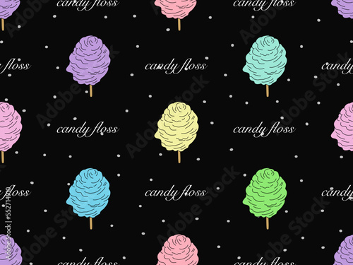 Candy Floss cartoon character seamless pattern on black background