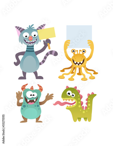 Cartoon monsters pack with black sign board