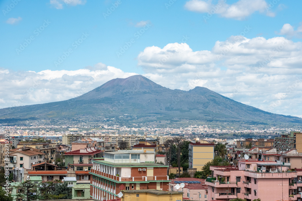 Panoramic view of mount Vesuvius, the cities of Stabia and Pompeii in front, Italy