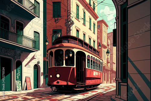 In Old Lisbon Street, a typical red tram. Generative AI