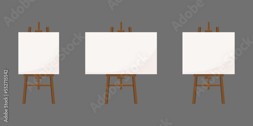 Vector set of empty canvas on wooden easel. Wooden brown easel. Blank art board. Mock up white canvas for painting.