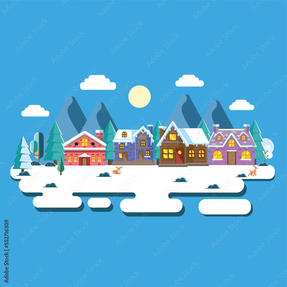 Vector illustration of village in winter with flat design style