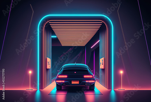 Illustration of an abstract backdrop with a sci fi neon shining laser beam on a showroom parking tube entrance. Generative AI photo
