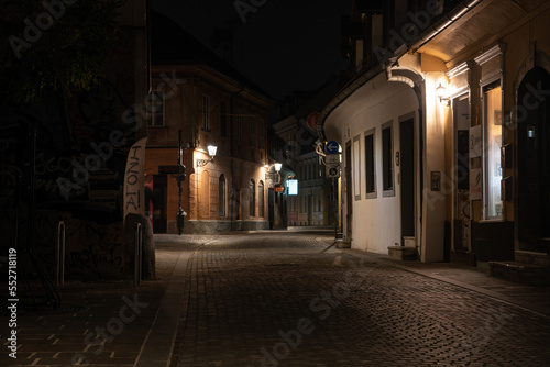 Scenic abandoned alley Trubarjeva in the city center of Ljubljana at night