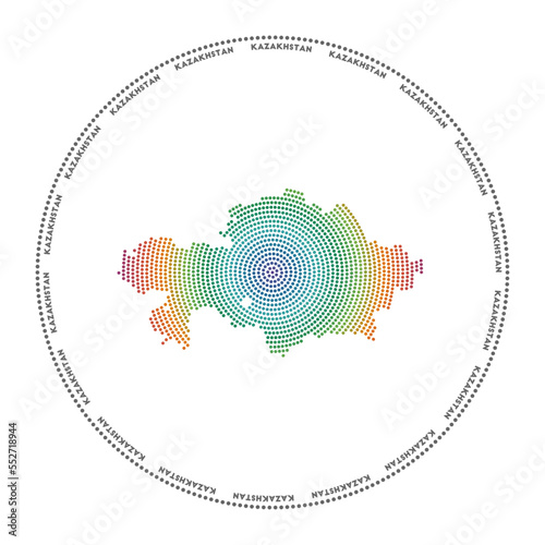 Kazakhstan round logo. Digital style shape of Kazakhstan in dotted circle with country name. Tech icon of the country with gradiented dots. Trendy vector illustration.