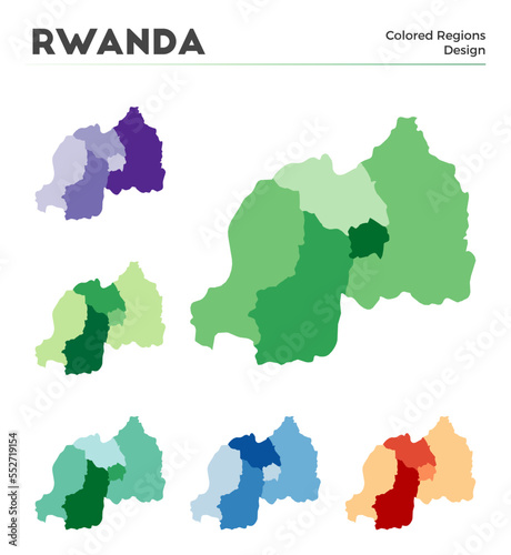 Rwanda map collection. Borders of Rwanda for your infographic. Colored country regions. Vector illustration.