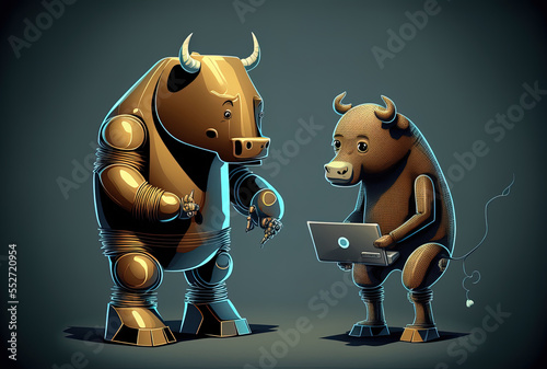 Financial technology idea with robot stock market analysis of bull and bear. Generative AI