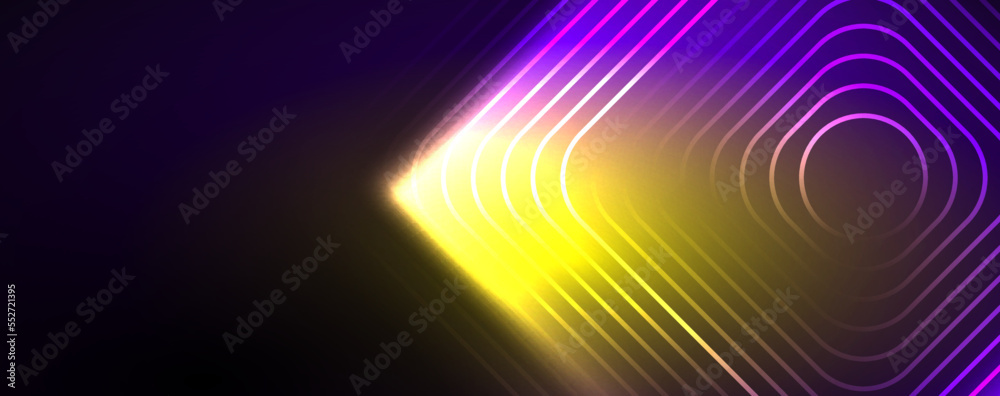 Neon glowing techno lines, hi-tech futuristic abstract background template. Vector illustration for wallpaper, banner, background, leaflet, catalog, cover, flyer