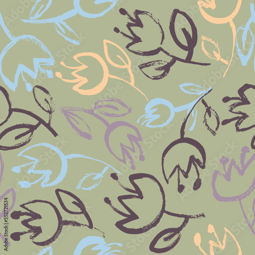 Grunge Floral Seamless Pattern. Hand Drawn Artwork Background.