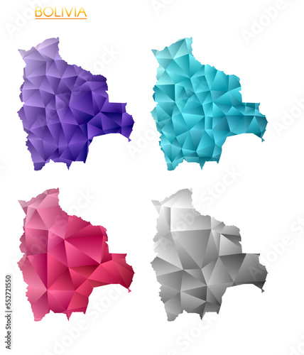 Set of vector polygonal maps of Bolivia. Bright gradient map of country in low poly style. Multicolored Bolivia map in geometric style for your infographics. Authentic vector illustration.