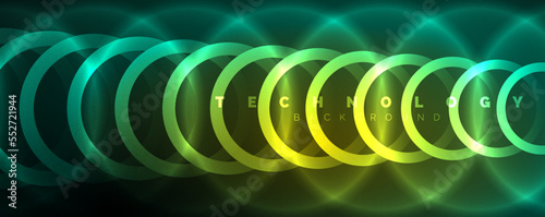 Neon glowing circles and round shape lines, magic energy space light concept, abstract background wallpaper design