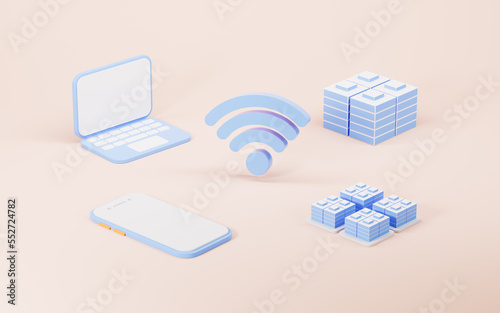 Wi-Fi and mobile phone, signal transmission and telecommunication concept, 3d rendering.