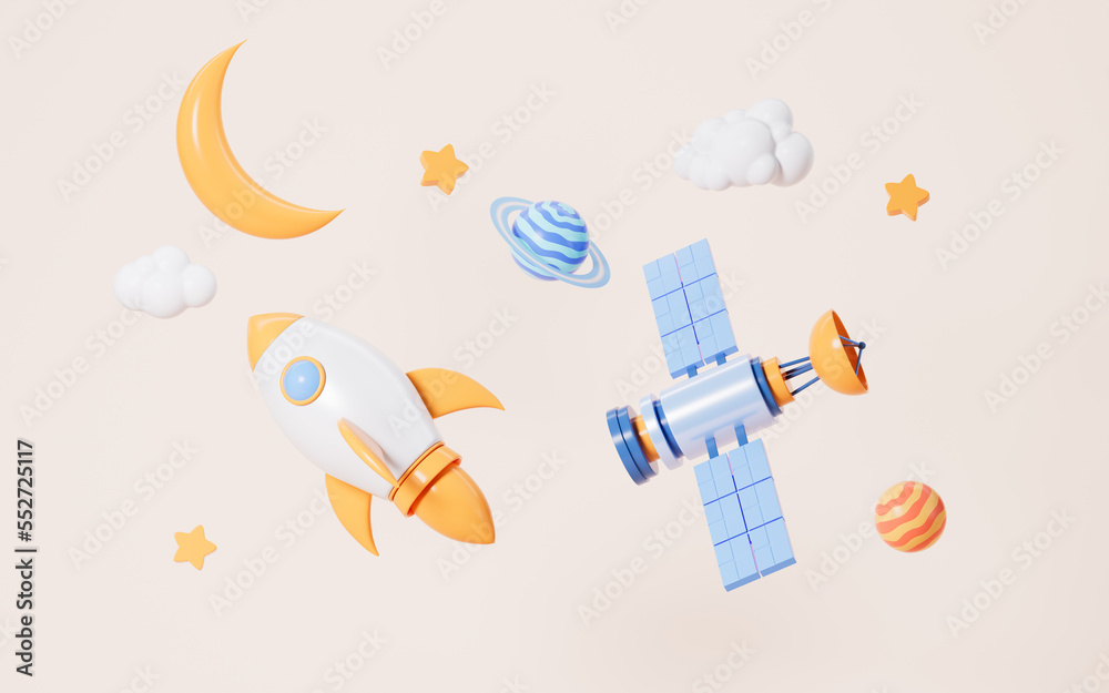Cartoon satellite and rocket in the yellow background, 3d rendering.