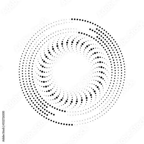 Black curvy dotted lines in circle form. Halftone dotted lines. Vector illustration. Trendy design element for border frame, round logo, tattoo, sign, symbol, web pages, prints, template, pattern