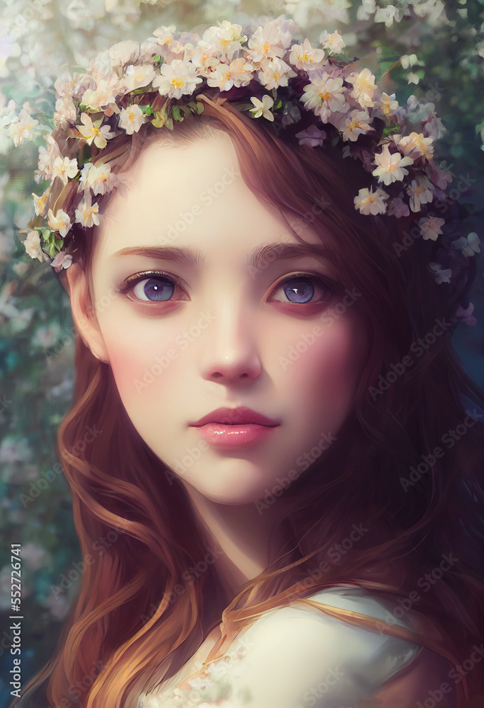 Portrait of a cute girl with blue eyes in a wreath of wildflowers. Stylization under the illustration with oil paints. AI generated. Digital art