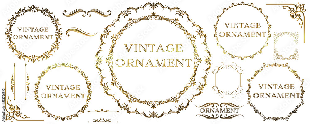 Set of graphic material, gold metallic orient pattern, arabesque pattern, antique, decorative ruled vintage frame Set of graphic material, gold metallic orient pattern, arabesque pattern, antique, decorative ruled vintage frame