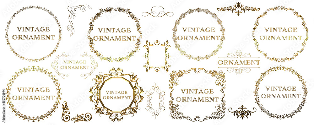 Set of graphic material, gold metallic orient pattern, arabesque pattern, antique, decorative ruled vintage frame Set of graphic material, gold metallic orient pattern, arabesque pattern, antique, decorative ruled vintage frame