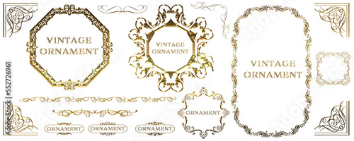 グラフィック素材、ゴールドメタリックのオリエント柄、アラベスク柄、アンティーク、飾り罫ビンテージのフレームのセット
