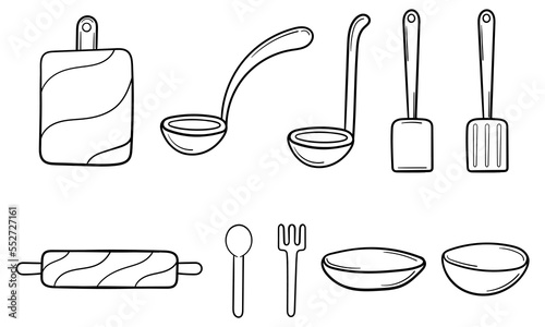 hand drawn collection of kitchen utensils on white background