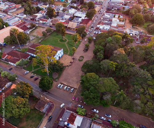 Vista aérea, Praça Dom Wunibaldo e Igreja de Santana, drone, Chapada dos Guimarães, Mato Grosso, Brasil, América do Sul