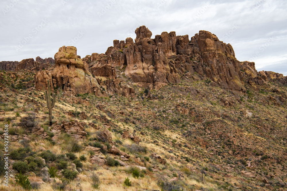 Photograph of rock formations in the Superstition Mountains in Arizona.